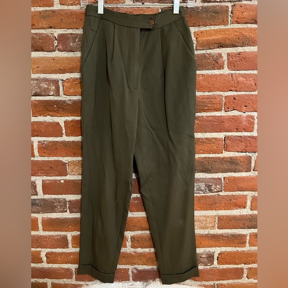 Vintage High-Waisted Pleated Wool Olive Green Pants | 24”